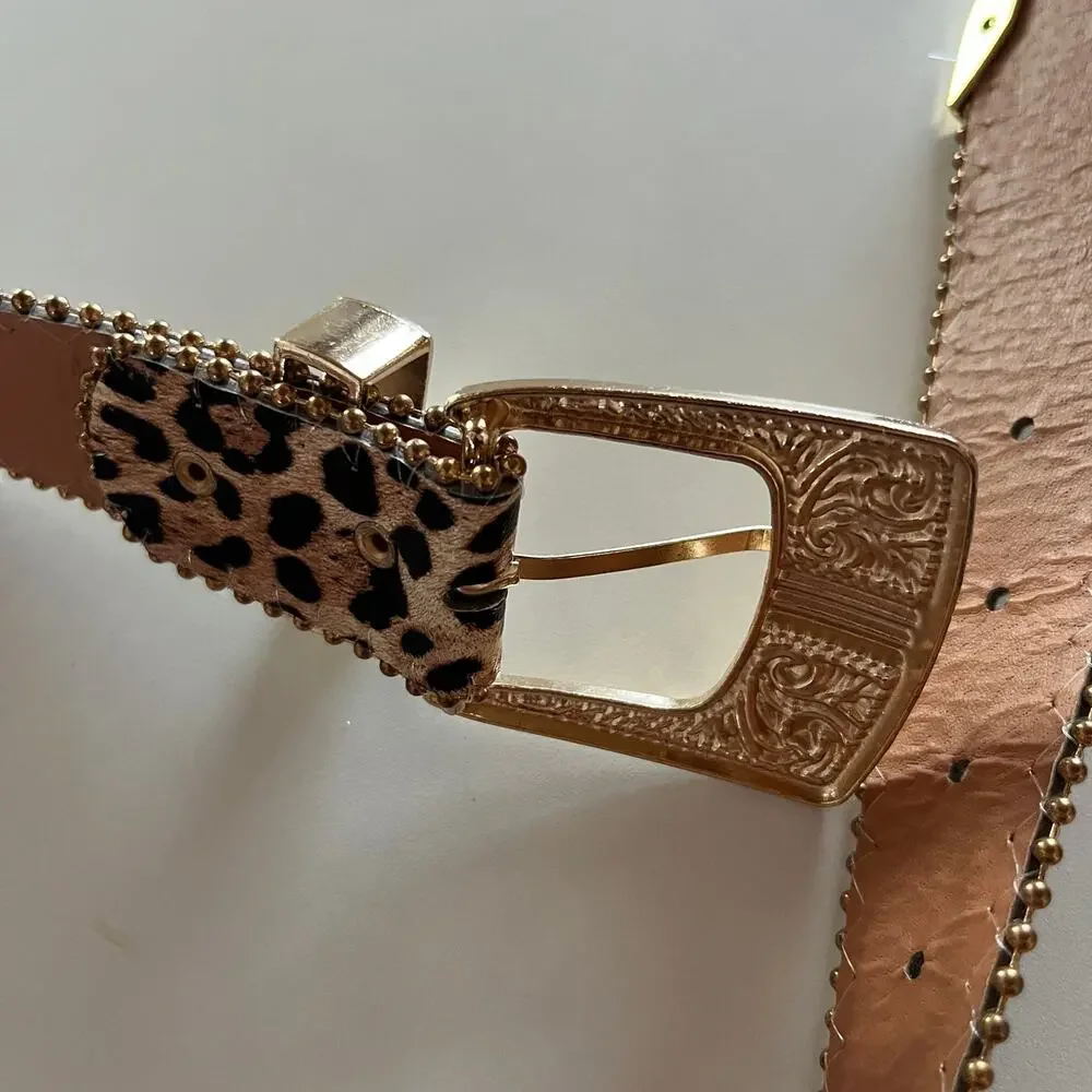 Faux Leather Leopard Cheetah Print Gold Accents Y2K Belt (OS1)